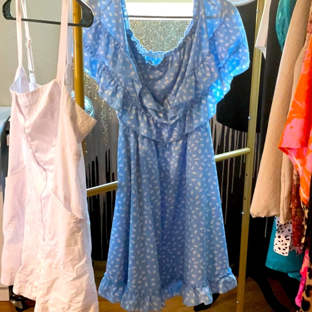 Blue Ruffled Dress with White Polka Dots